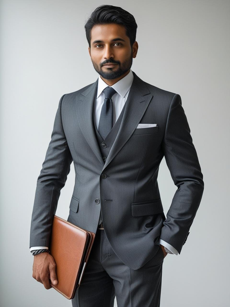 Indian adult in suit and folder in hand with white background